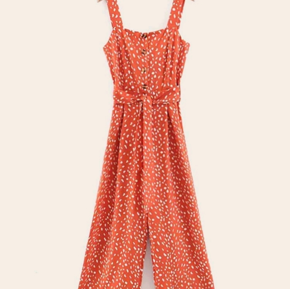 Shein Boho Print Button Orange Jumpsuit S